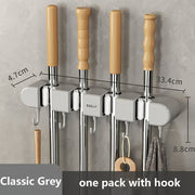 Wall-Mounted Mop & Broom Holder with Hooks – No-Drill, Space-Saving Cleaning Tool Organizer