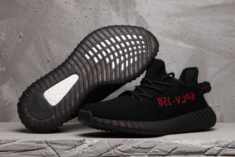 Yeezy Boost 350 V2 Black Knit Sneakers with Red Accents