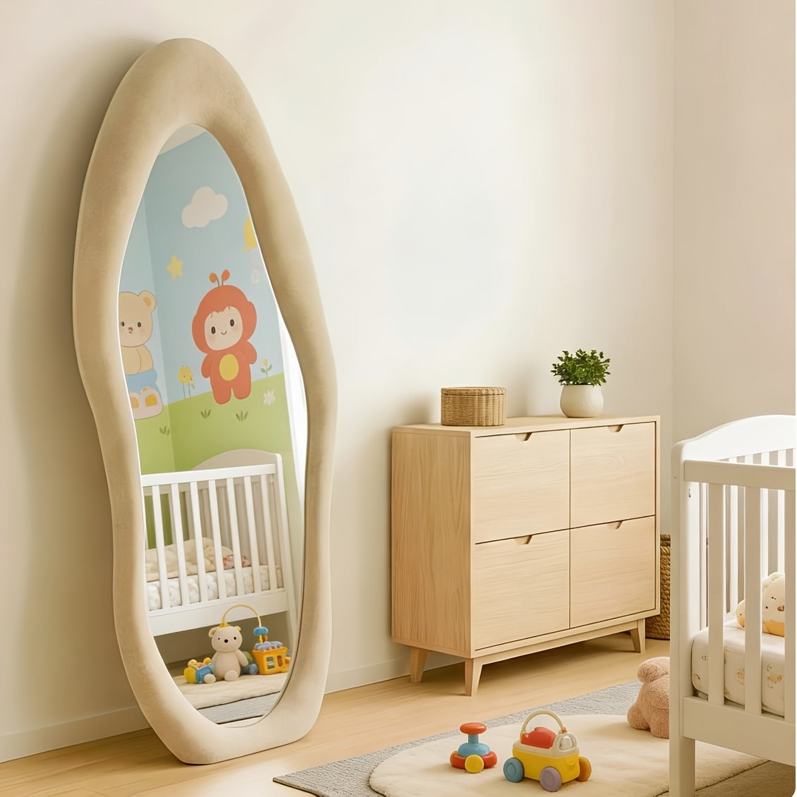 Irregular Velvet Frame Full Length Mirror Safe Rounded Corner for Kids Room (Milk Tea, White, Black, Green, Pink, Blue)
