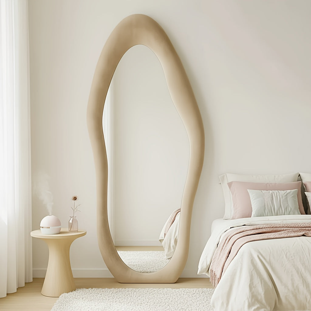 Irregular Velvet Frame Full Length Mirror Safe Rounded Corner for Kids Room (Milk Tea, White, Black, Green, Pink, Blue)