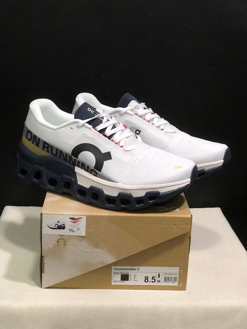 On Cloudmonster 2 Running Shoes, White and Midnight
