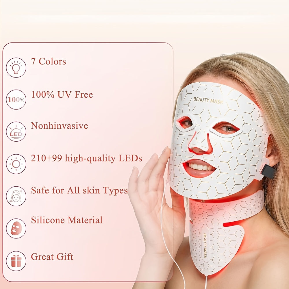 New 7-in-1 LED Color Light Mask Instrument, Suitable for Face, Neck And Chest (93+80) LED Lamp Beads, 1800mAh Rechargeable Lithium Battery, Controller Can Adjust The Light Color, Brightness And Time