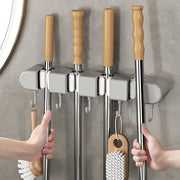 Wall-Mounted Mop & Broom Holder with Hooks – No-Drill, Space-Saving Cleaning Tool Organizer