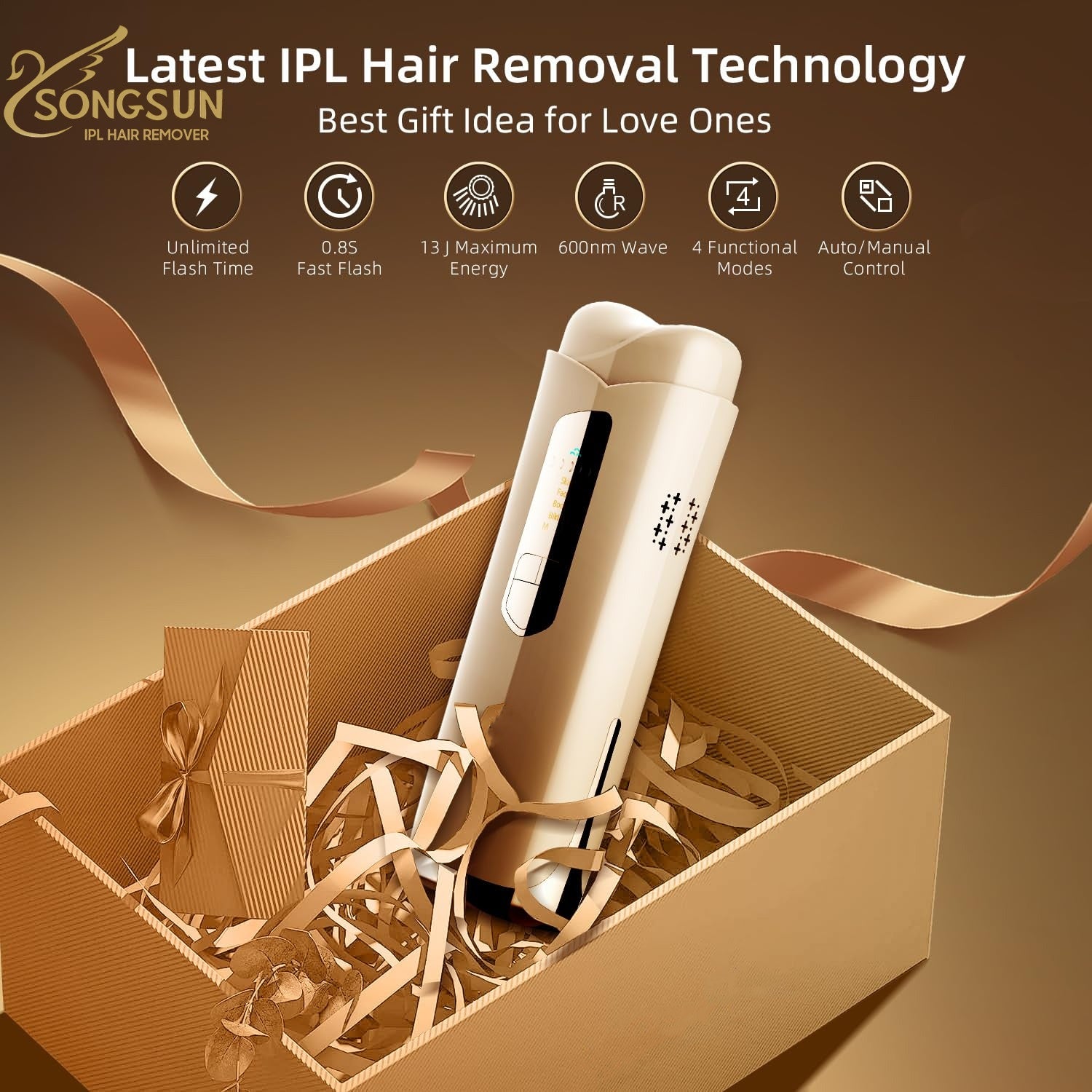 Christmas, Valentine's Day, New Year Gifts Popular Fastest IPL Hair Removal with Cooling System, Permanent Removal for Men And Women, Suitable for Whole Body Use Smooth Spring Light Beige Hair Removal Device for Special Gifts Golden for Home Use
