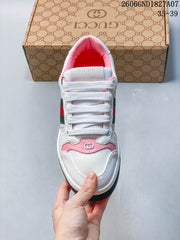 Gucci White and Pink Low-Top Sneakers with Web Stripe