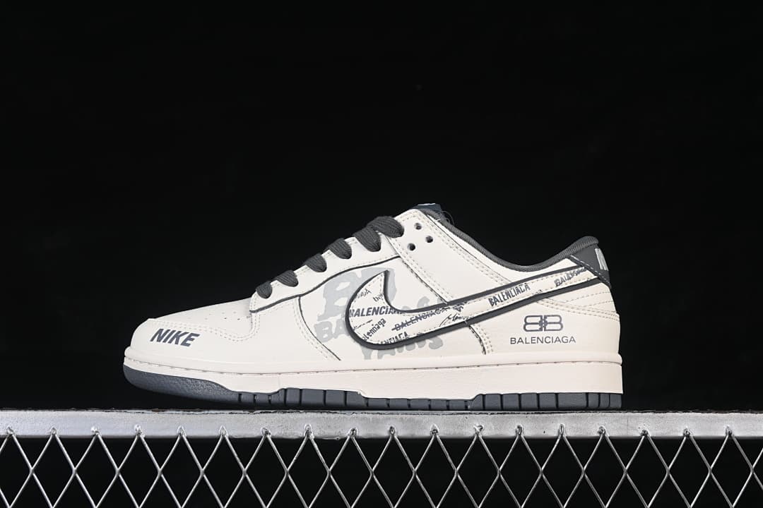Nike SB Dunk Low Balenciaga-Print Sneakers in White and Gray