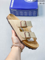 Birkenstock Two-Strap Sandals in Beige Suede-Style Finish
