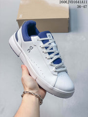 On White and Blue Low-Top Sneakers