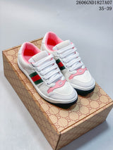 Gucci White and Pink Low-Top Sneakers with Web Stripe