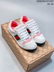 Gucci White and Pink Low-Top Sneakers with Web Stripe