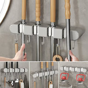 Wall-Mounted Mop & Broom Holder with Hooks – No-Drill, Space-Saving Cleaning Tool Organizer