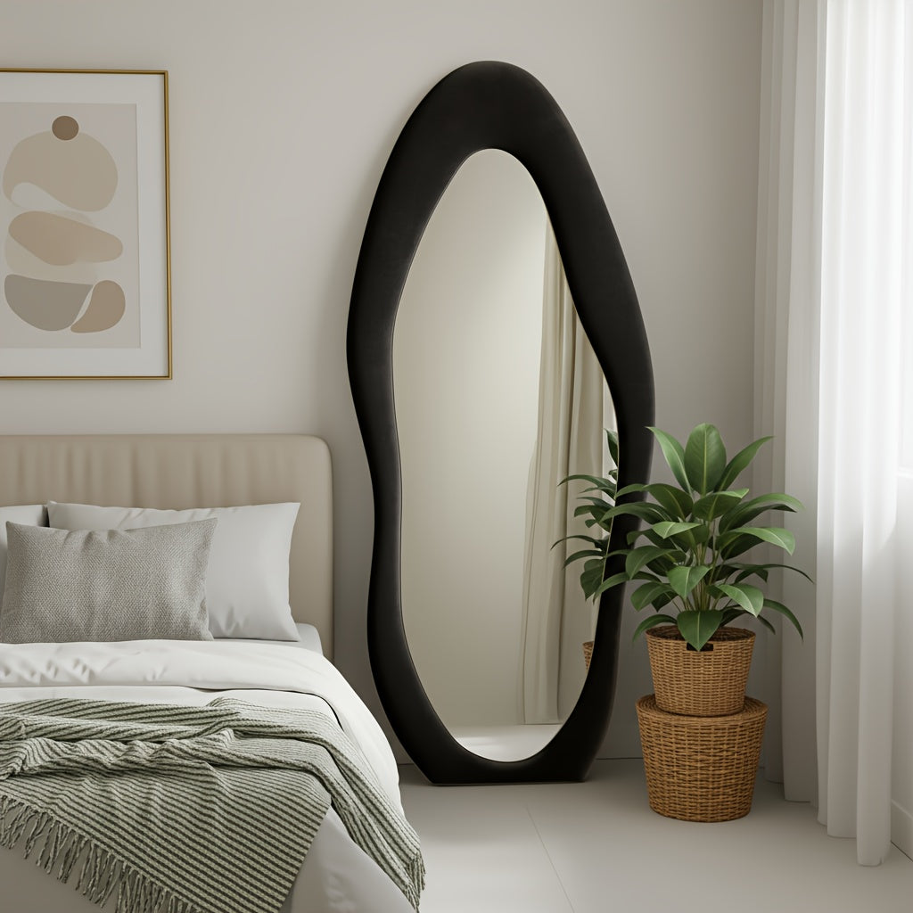 Irregular Velvet Frame Full Length Mirror Safe Rounded Corner for Kids Room (Milk Tea, White, Black, Green, Pink, Blue)