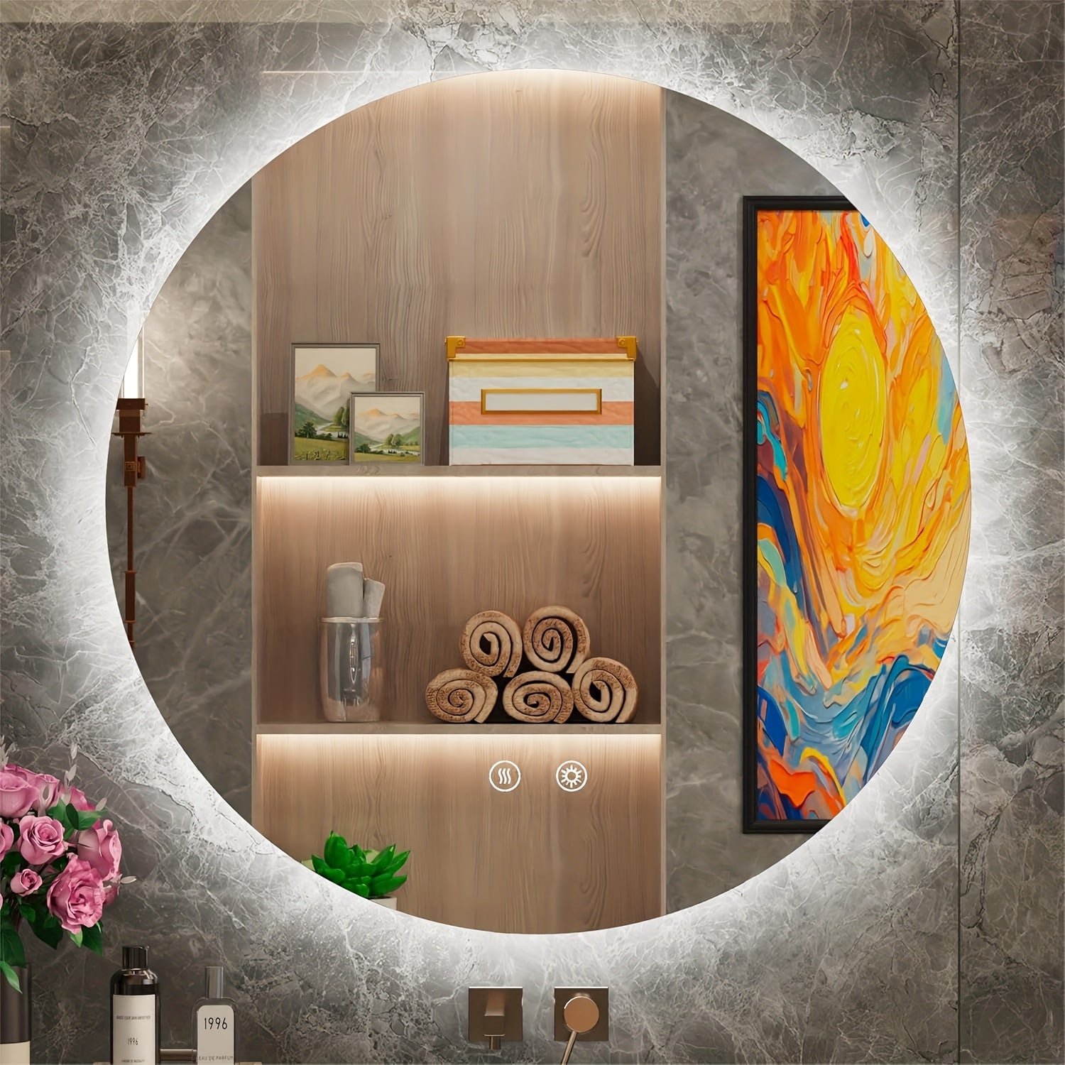 Round Backlit Bathroom Mirror With Lights, Wall-Mounted Vanity Mirrors, Circle LED Mirror For Bathroom, Anit-Fog, Stepless Dimmable, 3 Color Changing, Memory, Shatter-Proof