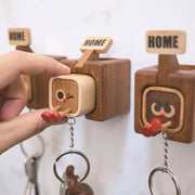 Wooden Key Holder with Funny Face Expression – HOME/OUT Toggle, Wall-Mounted, 3 Styles