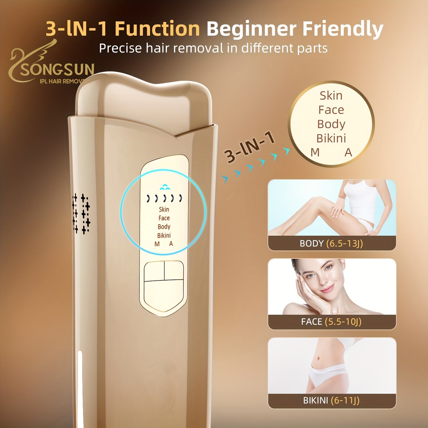 Christmas, Valentine's Day, New Year Gifts Popular Fastest IPL Hair Removal with Cooling System, Permanent Removal for Men And Women, Suitable for Whole Body Use Smooth Spring Light Beige Hair Removal Device for Special Gifts Golden for Home Use