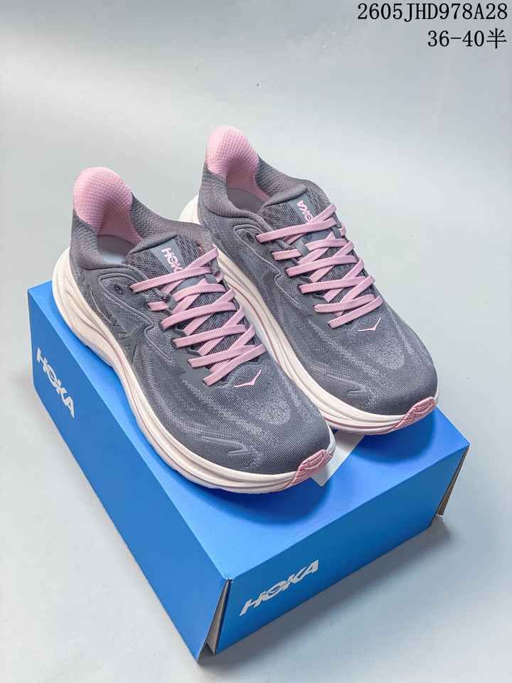 HOKA Clifton 10 Running Shoes in Gray and Pink