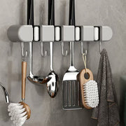Wall-Mounted Mop & Broom Holder with Hooks – No-Drill, Space-Saving Cleaning Tool Organizer