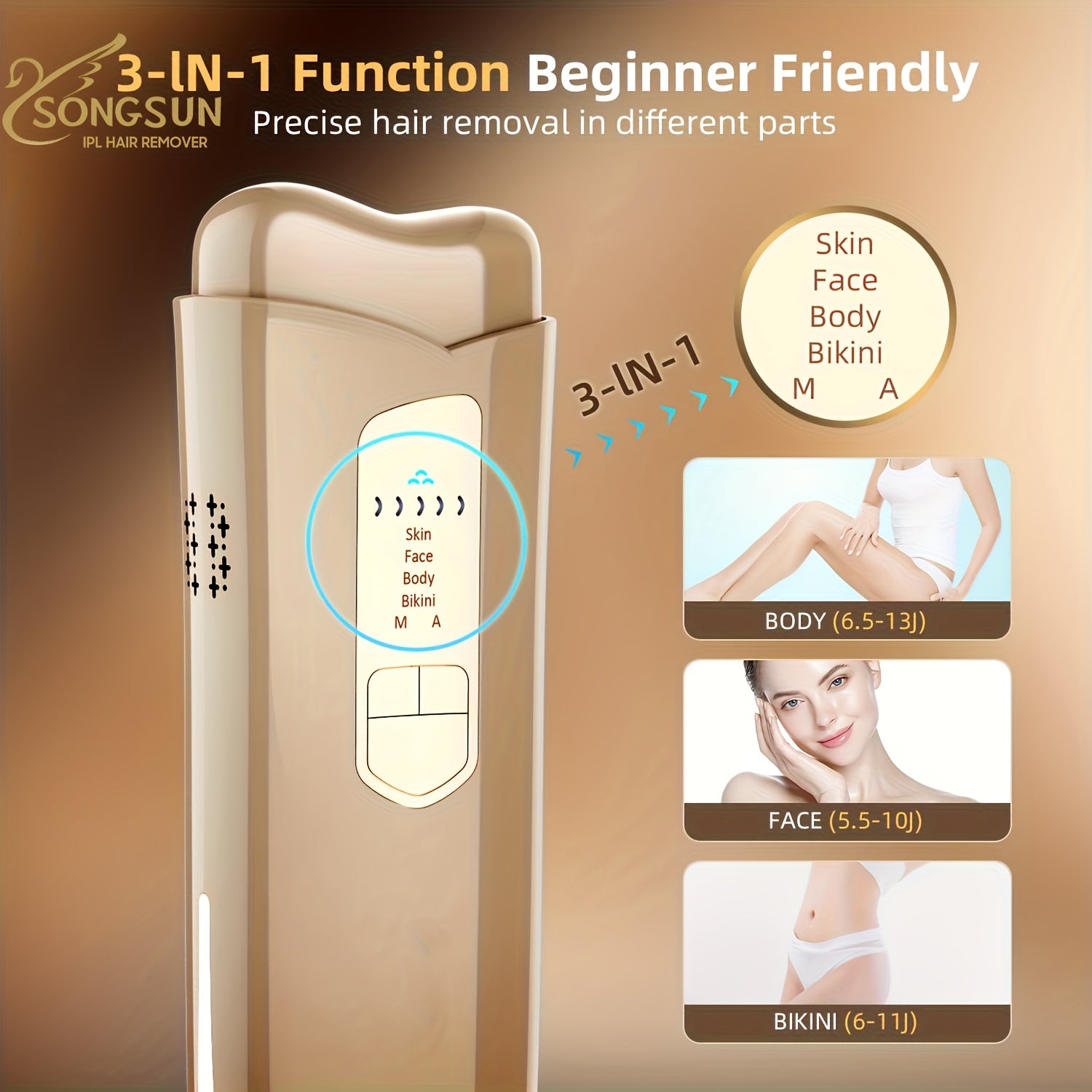 Christmas, Valentine's Day, New Year Gifts Popular Fastest IPL Hair Removal with Cooling System, Permanent Removal for Men And Women, Suitable for Whole Body Use Smooth Spring Light Beige Hair Removal Device for Special Gifts Golden for Home Use