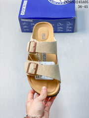 Birkenstock Two-Strap Sandals in Beige Suede-Style Finish