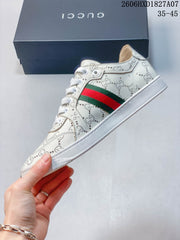 Gucci White Perforated Low-Top Sneakers with Green-Red Web