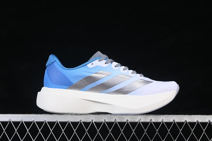 adidas Adizero Evo SL Running Shoes, White Blue and Silver