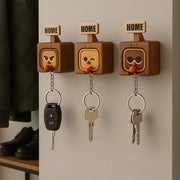 Wooden Key Holder with Funny Face Expression – HOME/OUT Toggle, Wall-Mounted, 3 Styles