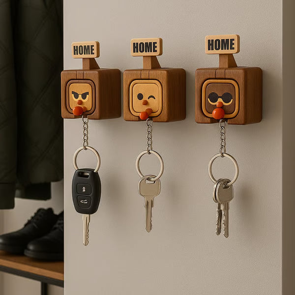 Wooden Key Holder with Funny Face Expression – HOME/OUT Toggle, Wall-Mounted, 3 Styles