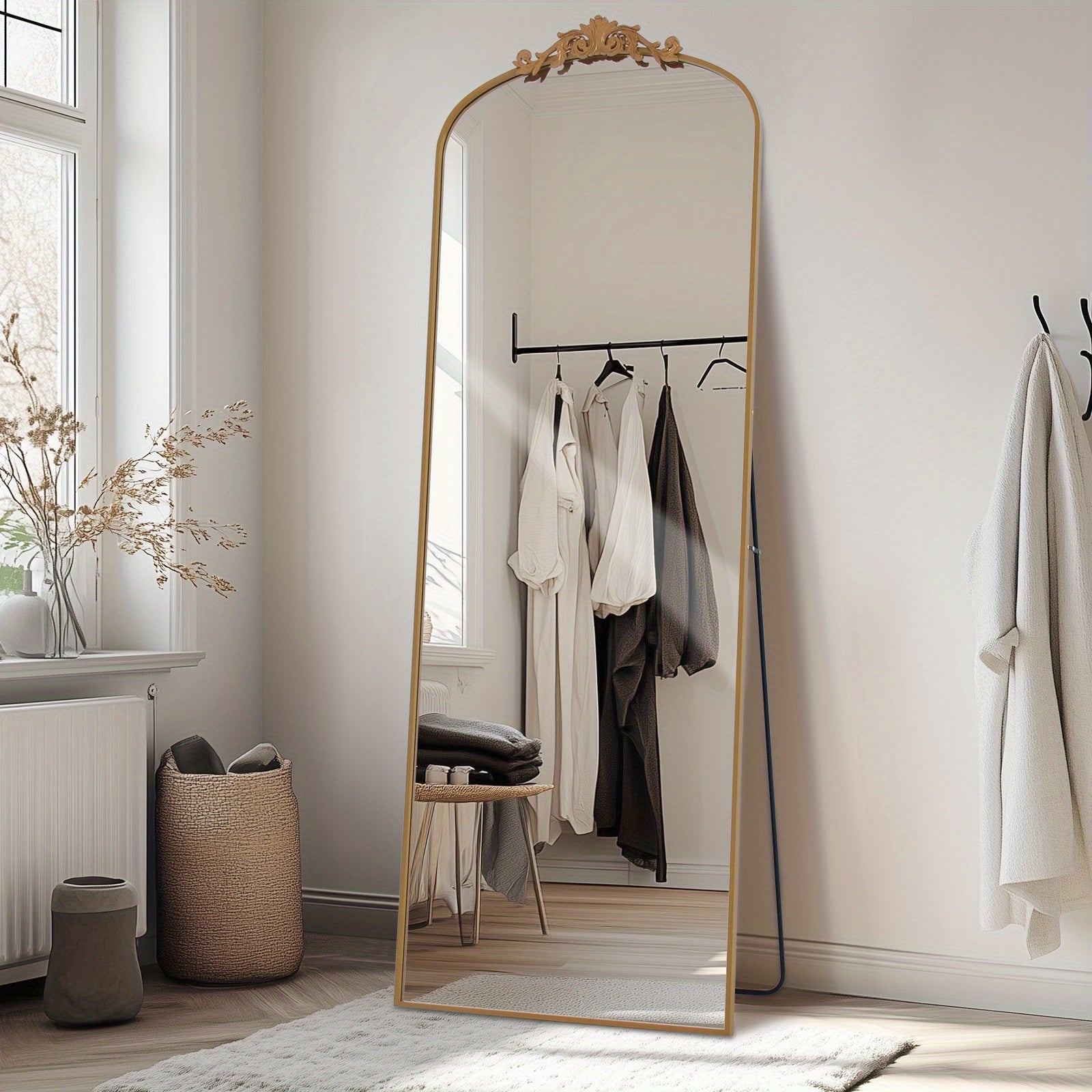 Vintage Arched Filigree Floor Mirror, Full Body Mirror with Ornate Carved Appliquem, Bathroom Mirror Wall Mountable for Bathroom, Living Room, Entrance Dressing Room, Bedroom, Hallway