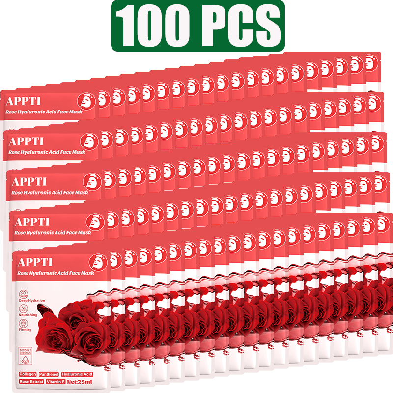 100pcs Moisturizing Collagen Face Mask, Rose Mask Sheet Overnight with Hyaluronic Acid and Niacinamide, Facial Mask Sheet, Deep Hydration, Firming for Dry Skin, Skincare Products, Valentine's Days Gift Set