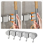 Wall-Mounted Mop & Broom Holder with Hooks – No-Drill, Space-Saving Cleaning Tool Organizer
