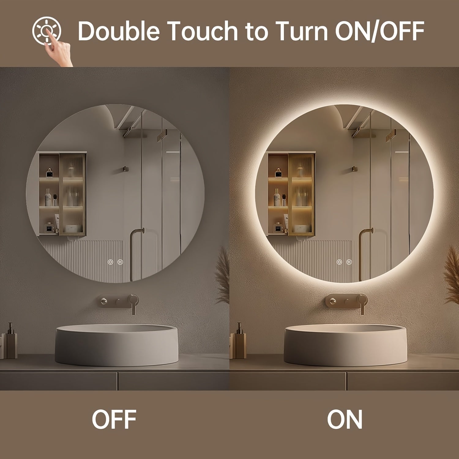 Round Backlit Bathroom Mirror With Lights, Wall-Mounted Vanity Mirrors, Circle LED Mirror For Bathroom, Anit-Fog, Stepless Dimmable, 3 Color Changing, Memory, Shatter-Proof