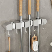 Wall-Mounted Mop & Broom Holder with Hooks – No-Drill, Space-Saving Cleaning Tool Organizer