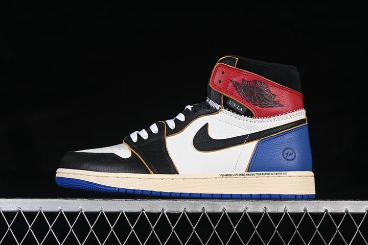 Jordan 1 High OG SP Fragment Union Sneaker in Black, White & Blue