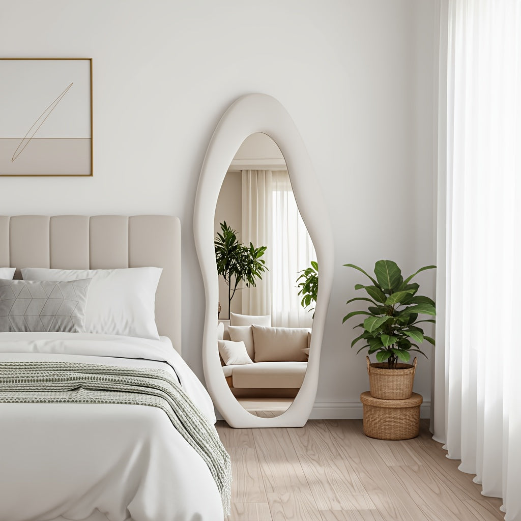 Irregular Velvet Frame Full Length Mirror Safe Rounded Corner for Kids Room (Milk Tea, White, Black, Green, Pink, Blue)