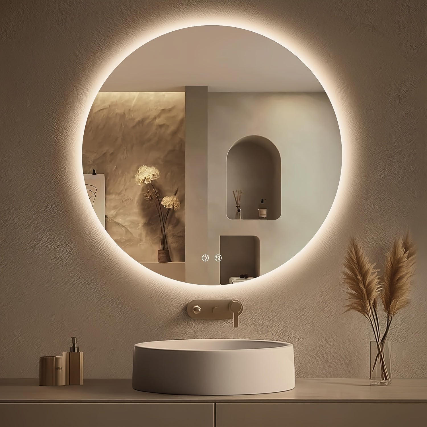 Round Backlit Bathroom Mirror With Lights, Wall-Mounted Vanity Mirrors, Circle LED Mirror For Bathroom, Anit-Fog, Stepless Dimmable, 3 Color Changing, Memory, Shatter-Proof