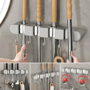 Wall-Mounted Mop & Broom Holder with Hooks – No-Drill, Space-Saving Cleaning Tool Organizer