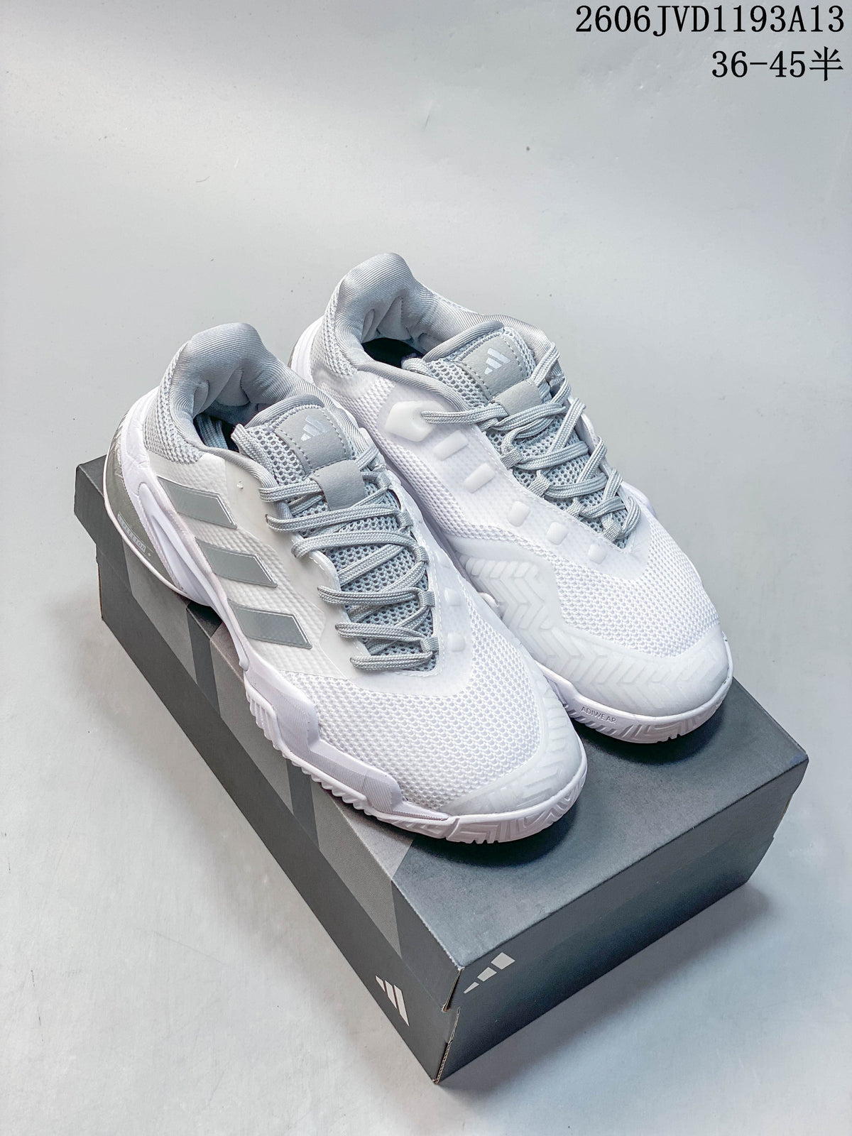 Adidas Barricade 13 Tennis Shoes, White and Silver