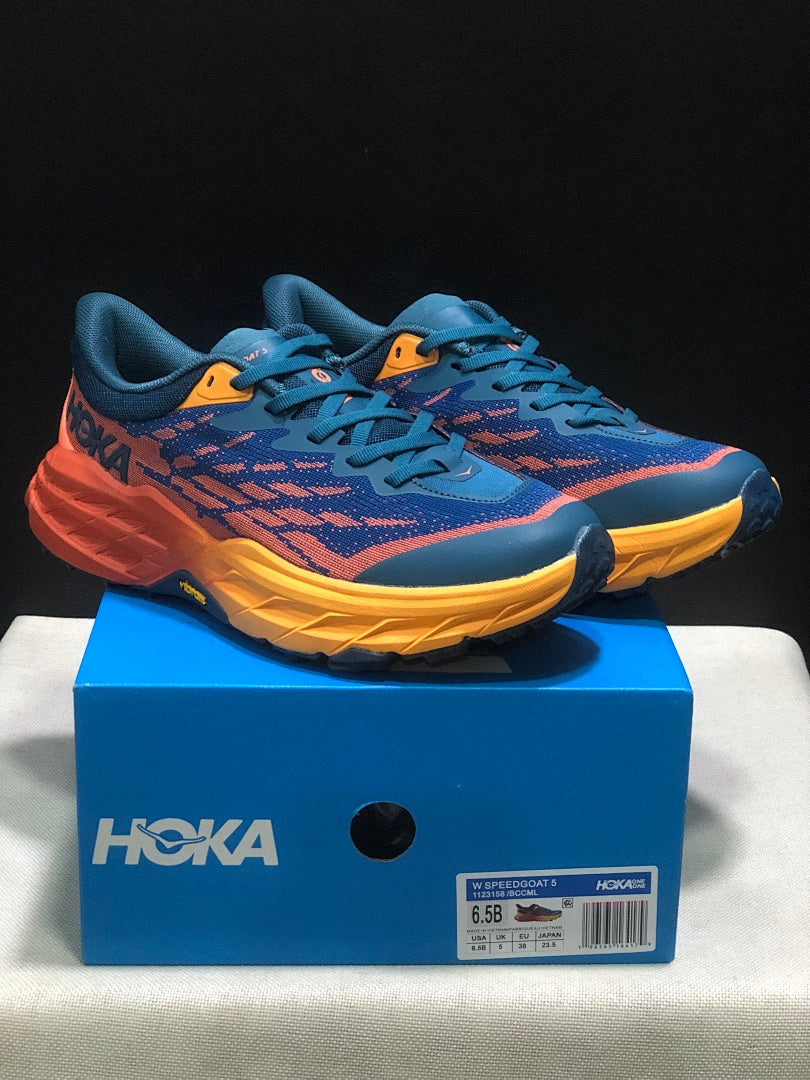 HOKA Speedgoat 5 Trail Running Shoes, Blue and Orange