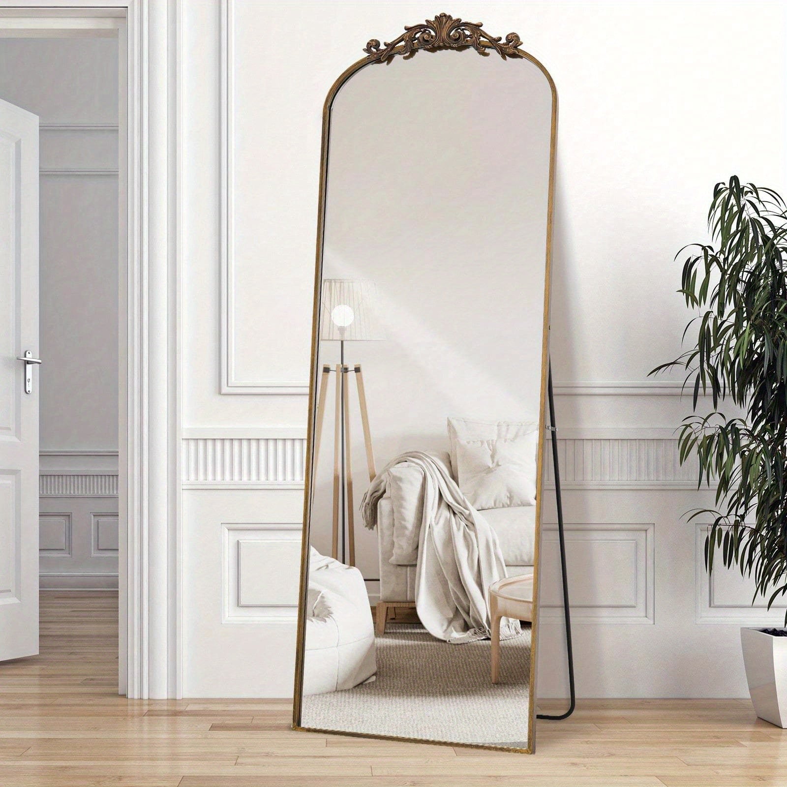 Vintage Arched Filigree Floor Mirror, Full Body Mirror with Ornate Carved Appliquem, Bathroom Mirror Wall Mountable for Bathroom, Living Room, Entrance Dressing Room, Bedroom, Hallway