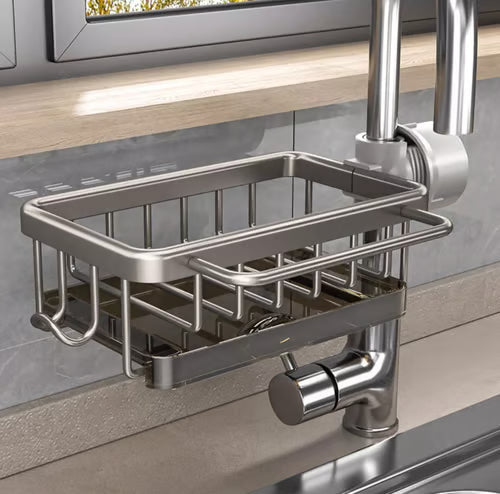 Kitchen Sink Faucet Sponge Holder – Space Aluminum, Rustproof, Fast-Drain, Hook Design