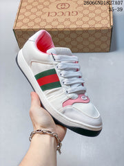 Gucci White and Pink Low-Top Sneakers with Web Stripe