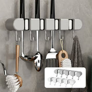 Wall-Mounted Mop & Broom Holder with Hooks – No-Drill, Space-Saving Cleaning Tool Organizer