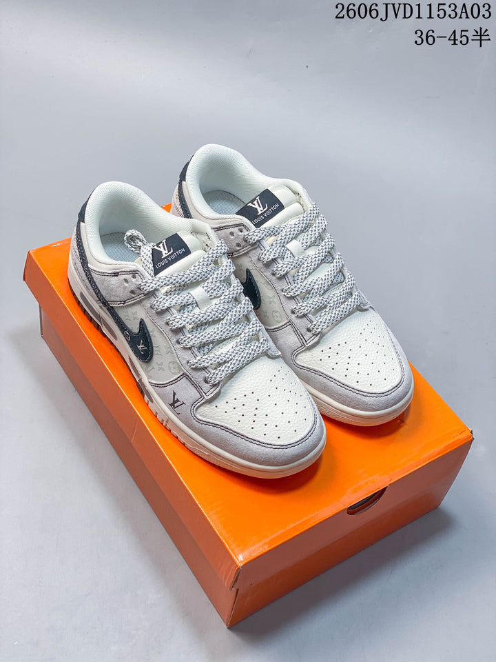 Nike Dunk Low Double Swoosh Sneakers, White and Grey