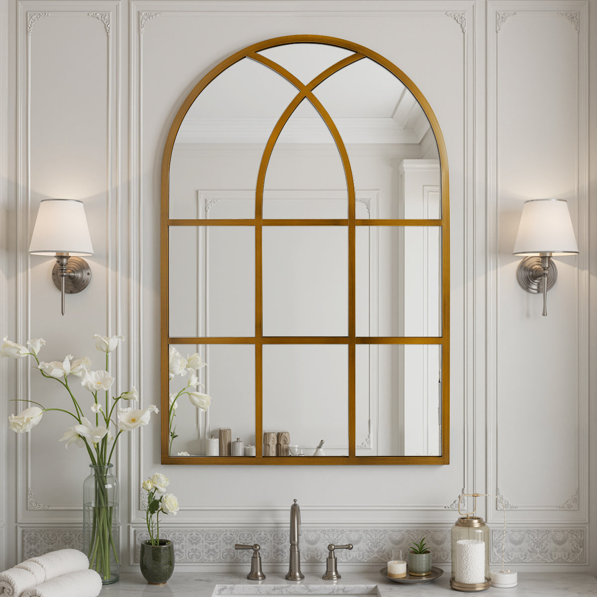 Elegant Arched Window-Shaped Modern Minimalist Bathroom Vanity Mirror | Black Rust-Resistant Aluminum Frame, Wall Mount, Polished End, Use Without Electricity, Recommended for Surfaces by MELODIEUX