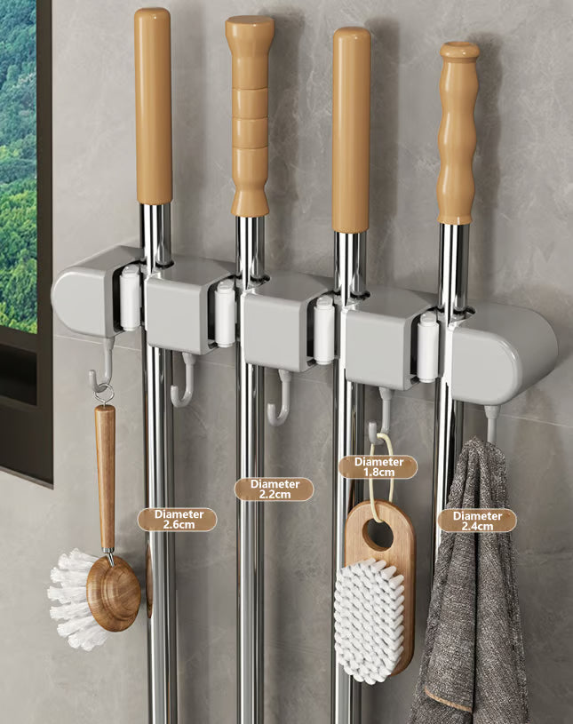 Wall-Mounted Mop & Broom Holder with Hooks – No-Drill, Space-Saving Cleaning Tool Organizer