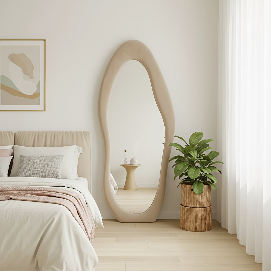 Irregular Velvet Frame Full Length Mirror Safe Rounded Corner for Kids Room (Milk Tea, White, Black, Green, Pink, Blue)