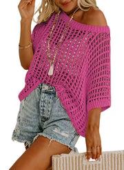 Storage & Organization Short Sleeve Crochet Sweater Lightweight Summer Tops Loose Hollow Out Crewneck Pullover